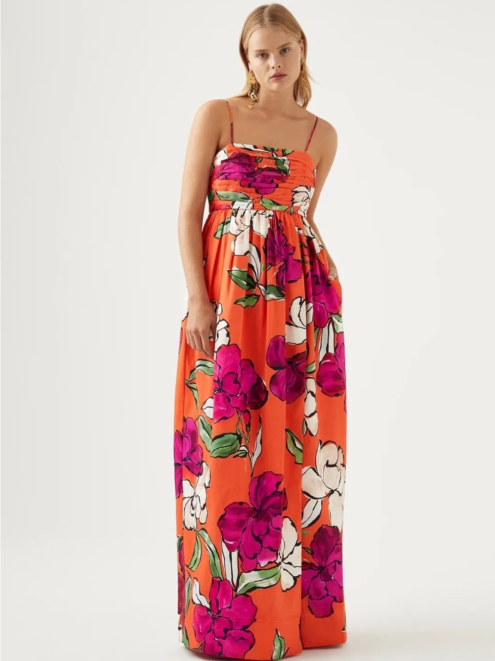 Aje Orange Maxi Dress with Fuchsia and White Floral Print